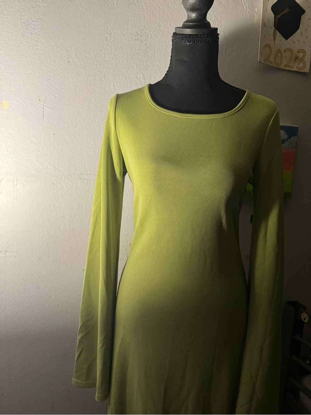 Long Sleeve Scoop Neck Dress in Lime Green